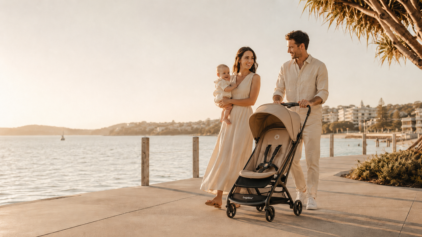 Mother walking with her baby in a stroller